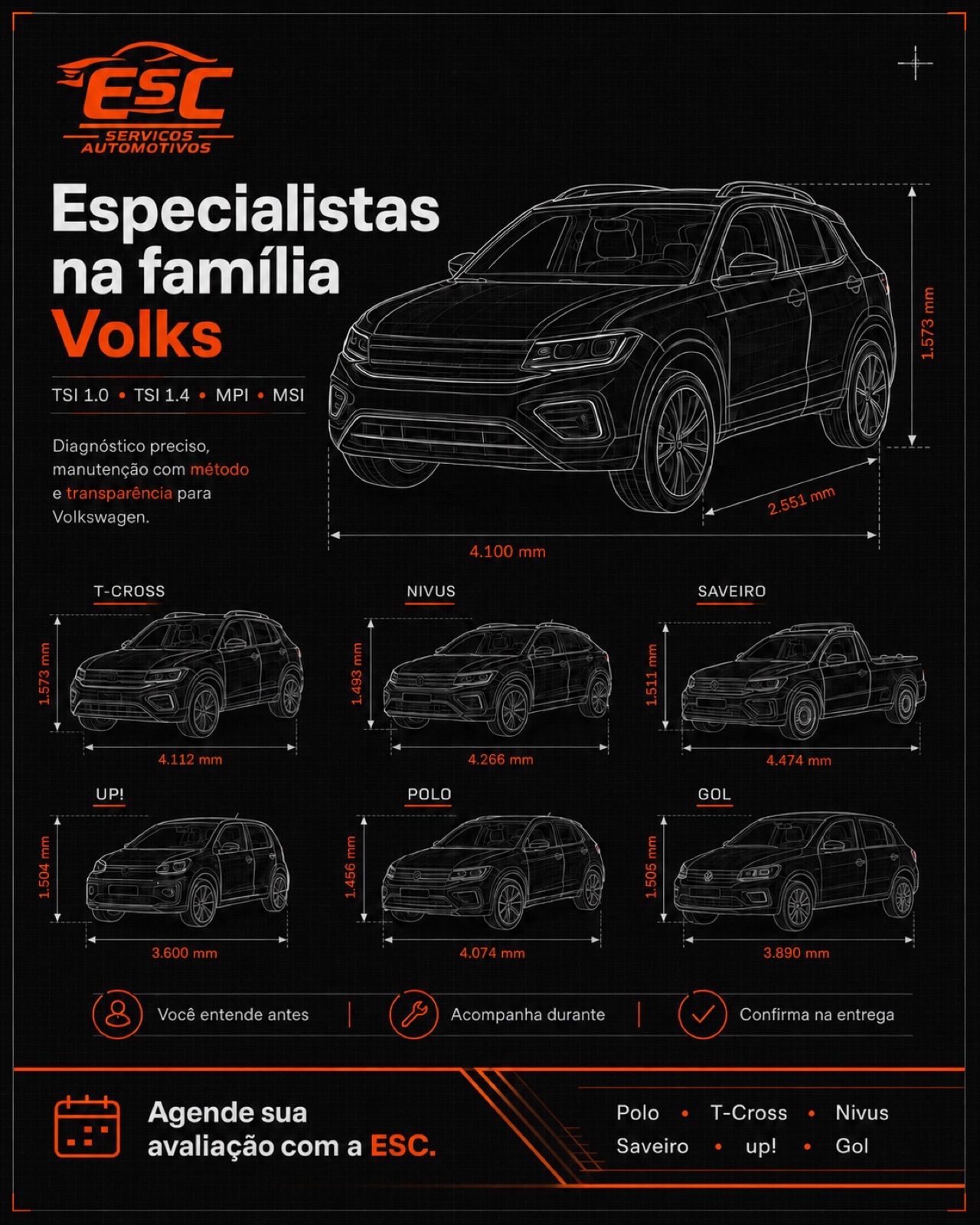ESC Serviços Automotivos — Especialistas na família Volkswagen: T-Cross, Nivus, Jetta, Passat, Polo, Golf, Fox, Saveiro, Up! e Gol