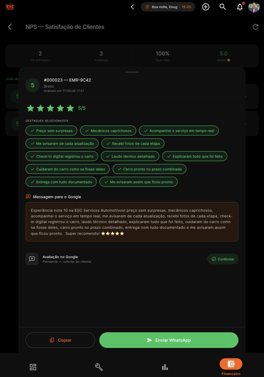 Cliente avaliando o serviço da ESC no app (NPS)